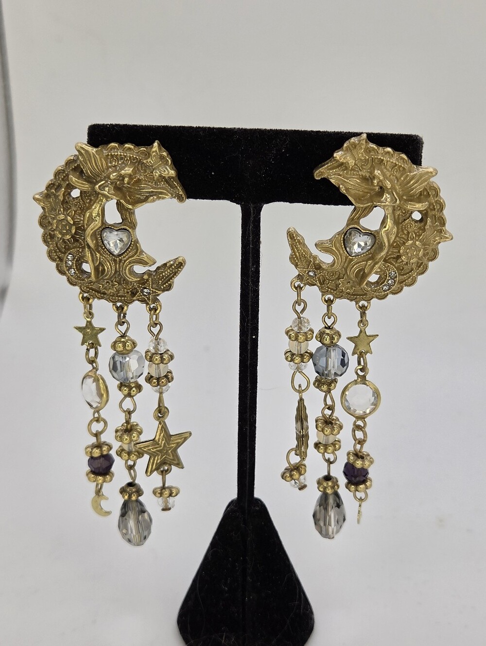 Gold-Tone Moon Cameo Angel Crystal Tassel Earrings